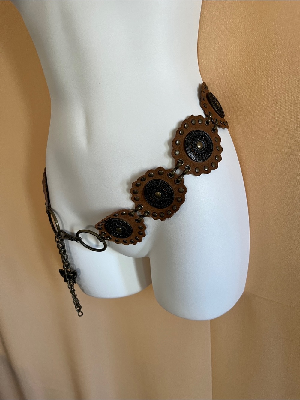 Unique Vintage Tan Leather Medallion Chain Belt with Antiqued Metal